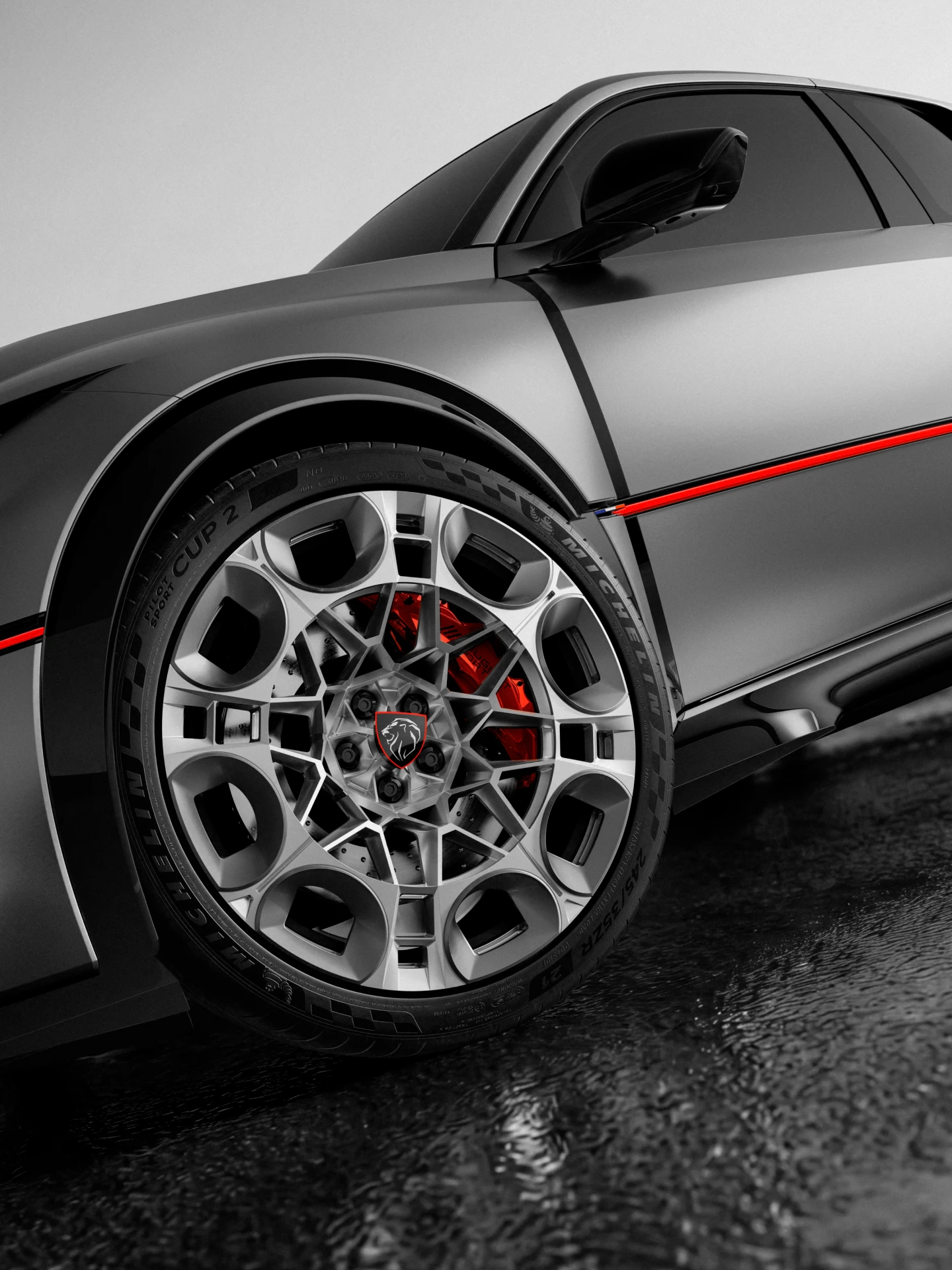 Peugeot E-T16 Concept, exterior com pintura em cinzento Winchester mate e linhas de realce vermelhas